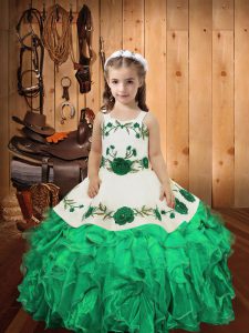 High End Floor Length Turquoise Child Pageant Dress Organza Sleeveless Embroidery and Ruffles