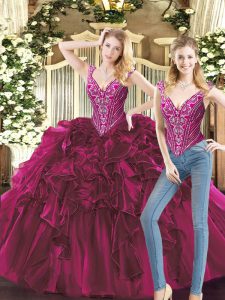 Super Two Pieces Vestidos de Quinceanera Fuchsia V-neck Organza Sleeveless Floor Length Lace Up