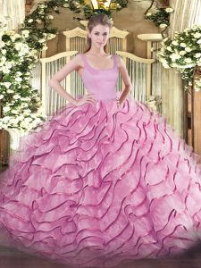 Rose Pink Organza Zipper Sweet 16 Dresses Sleeveless Brush Train Ruffled Layers