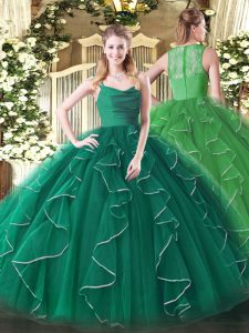Delicate Floor Length Dark Green Quinceanera Gowns Organza Sleeveless Ruffles