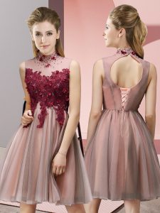  High-neck Sleeveless Tulle Quinceanera Court Dresses Appliques Lace Up