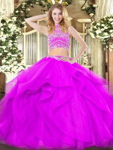 Great Sleeveless Floor Length Beading and Ruffles Backless 15th Birthday Dress with Purple