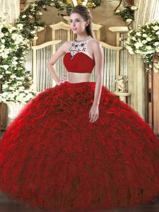  Sleeveless Tulle Floor Length Backless Quinceanera Dress in Wine Red with Beading and Ruffles