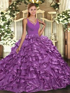  Lilac Ball Gowns V-neck Sleeveless Organza With Train Sweep Train Backless Ruffles Ball Gown Prom Dress