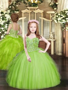 Fashionable Ball Gowns Tulle Spaghetti Straps Sleeveless Beading and Ruffles Floor Length Lace Up Little Girls Pageant Dress