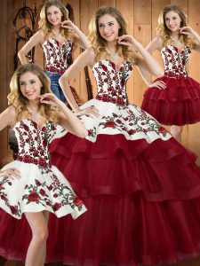 Adorable Sleeveless Embroidery Lace Up Sweet 16 Dress with Wine Red Sweep Train