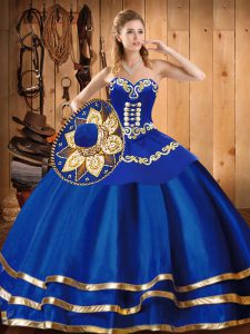  Floor Length Lace Up Sweet 16 Dresses Blue for Military Ball and Sweet 16 and Quinceanera with Embroidery