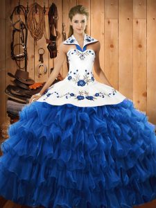 Shining Blue Sleeveless Floor Length Embroidery and Ruffled Layers Lace Up Vestidos de Quinceanera