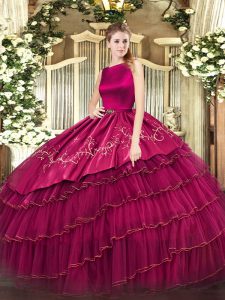 Suitable Fuchsia Sleeveless Embroidery and Ruffled Layers Floor Length 15 Quinceanera Dress