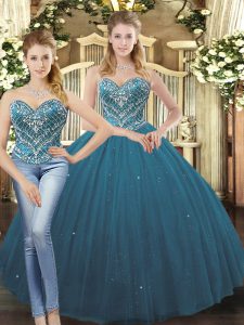 Elegant Sleeveless Floor Length Beading and Ruffles Lace Up Vestidos de Quinceanera with Teal 