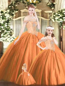  Orange Red Lace Up Off The Shoulder Beading Quinceanera Gown Tulle Sleeveless