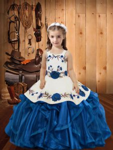  Blue Organza Lace Up Straps Sleeveless Floor Length Womens Party Dresses Embroidery and Ruffles