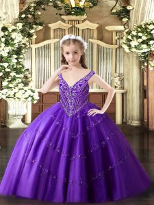 Luxurious Purple Teens Party Dress Party and Quinceanera with Beading and Appliques V-neck Sleeveless Lace Up