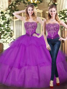 Decent Eggplant Purple Ball Gowns Strapless Sleeveless Tulle Floor Length Lace Up Beading and Ruffled Layers Sweet 16 Dresses
