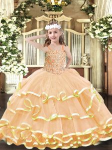 Eye-catching Peach Ball Gowns Straps Sleeveless Organza Floor Length Lace Up Beading and Ruffled Layers Custom Made