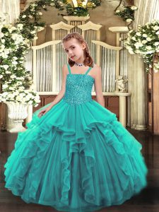  Organza Straps Sleeveless Lace Up Beading and Ruffles Girls Pageant Dresses in Teal 