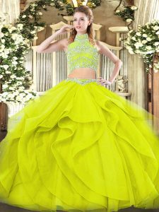  High-neck Sleeveless 15th Birthday Dress Floor Length Beading and Ruffles Yellow Green Tulle