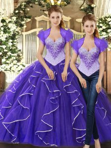  Purple Sleeveless Floor Length Beading and Ruffles Lace Up Quinceanera Dress