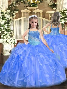  Floor Length Lace Up Pageant Gowns For Girls Blue for Party and Sweet 16 and Quinceanera and Wedding Party with Ruffles and Sequins