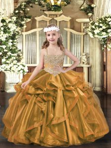  Sleeveless Floor Length Beading and Ruffles Lace Up Little Girls Pageant Gowns with Brown
