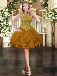 Deluxe Brown Ball Gowns Scoop Cap Sleeves Tulle Mini Length Zipper Beading and Ruffles Prom Gown