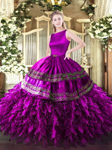 Luxury Satin and Organza Scoop Sleeveless Clasp Handle Ruffles Sweet 16 Quinceanera Dress in Fuchsia