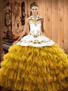 Designer Gold Sleeveless Embroidery and Ruffled Layers Floor Length Sweet 16 Dresses