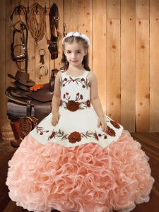  Straps Sleeveless Lace Up Little Girls Pageant Dress Peach Fabric With Rolling Flowers