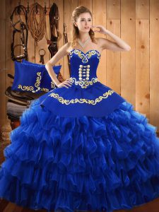  Blue Ball Gowns Strapless Sleeveless Satin and Organza Floor Length Lace Up Embroidery and Ruffled Layers 15 Quinceanera Dress
