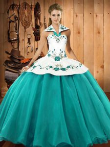  Turquoise Ball Gowns Satin and Tulle Halter Top Sleeveless Embroidery Floor Length Lace Up Quinceanera Dresses
