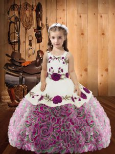 Modern Sleeveless Floor Length Embroidery and Ruffles Lace Up Pageant Gowns For Girls with Multi-color