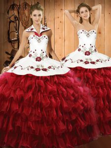 Customized Wine Red Halter Top Lace Up Embroidery and Ruffled Layers 15th Birthday Dress Sleeveless