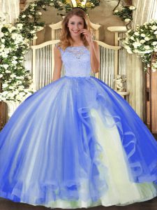 Delicate Blue Sleeveless Tulle Clasp Handle Quinceanera Dresses for Military Ball and Sweet 16 and Quinceanera