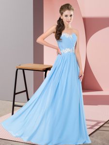 Free and Easy Aqua Blue Chiffon Lace Up Sweetheart Sleeveless Floor Length Prom Gown Appliques
