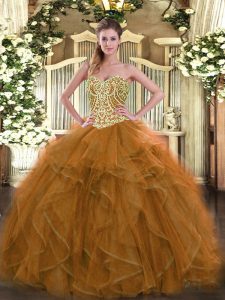  Brown Ball Gowns Sweetheart Sleeveless Tulle Floor Length Lace Up Beading 15th Birthday Dress