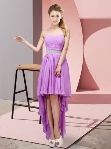 Spectacular Sleeveless Chiffon High Low Lace Up Quinceanera Court of Honor Dress in Lavender with Beading