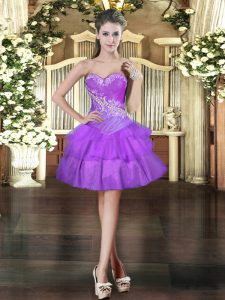 Hot Sale Purple Sleeveless Mini Length Beading and Ruffled Layers Lace Up Prom Dresses
