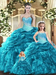 High Class Floor Length Teal Quinceanera Gown Tulle Sleeveless Beading and Ruffles and Ruching and Pick Ups