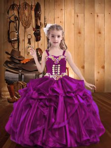 Low Price Fuchsia Sleeveless Floor Length Embroidery and Ruffles Lace Up Little Girls Pageant Dress