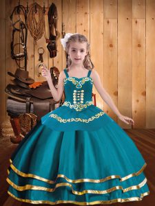 Popular Floor Length Teal Child Pageant Dress Straps Sleeveless Lace Up