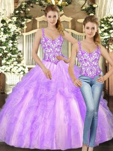  Lilac Sleeveless Floor Length Beading and Ruffles Lace Up Quinceanera Gowns