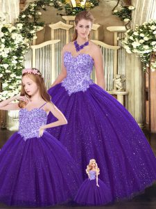 Elegant Purple Ball Gowns Beading 15 Quinceanera Dress Lace Up Tulle Sleeveless Floor Length