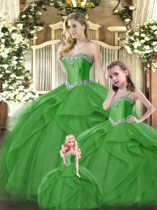 Discount Green Ball Gowns Sweetheart Sleeveless Organza Floor Length Lace Up Ruffles Quinceanera Dress