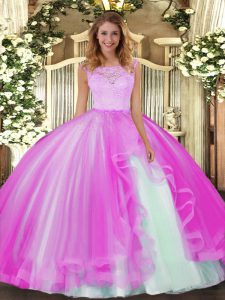 Customized Scoop Sleeveless Quince Ball Gowns Floor Length Lace and Ruffles Fuchsia Tulle