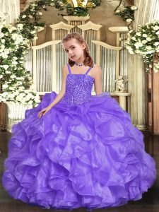  Lavender Ball Gowns Straps Sleeveless Organza Floor Length Lace Up Beading and Ruffles Kids Pageant Dress