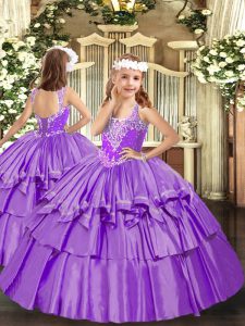  Lavender Lace Up V-neck Beading and Ruffled Layers Womens Party Dresses Organza Sleeveless