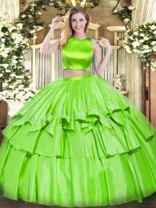  Two Pieces High-neck Sleeveless Tulle Floor Length Criss Cross Ruffled Layers Quince Ball Gowns