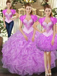  Lilac Sleeveless Floor Length Beading and Ruffles Lace Up Sweet 16 Quinceanera Dress