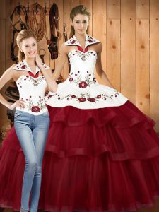  With Train Wine Red Ball Gown Prom Dress Halter Top Sleeveless Sweep Train Lace Up