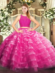  Fuchsia Ball Gown Prom Dress Military Ball and Sweet 16 and Quinceanera with Lace and Ruffled Layers Scoop Sleeveless Zipper